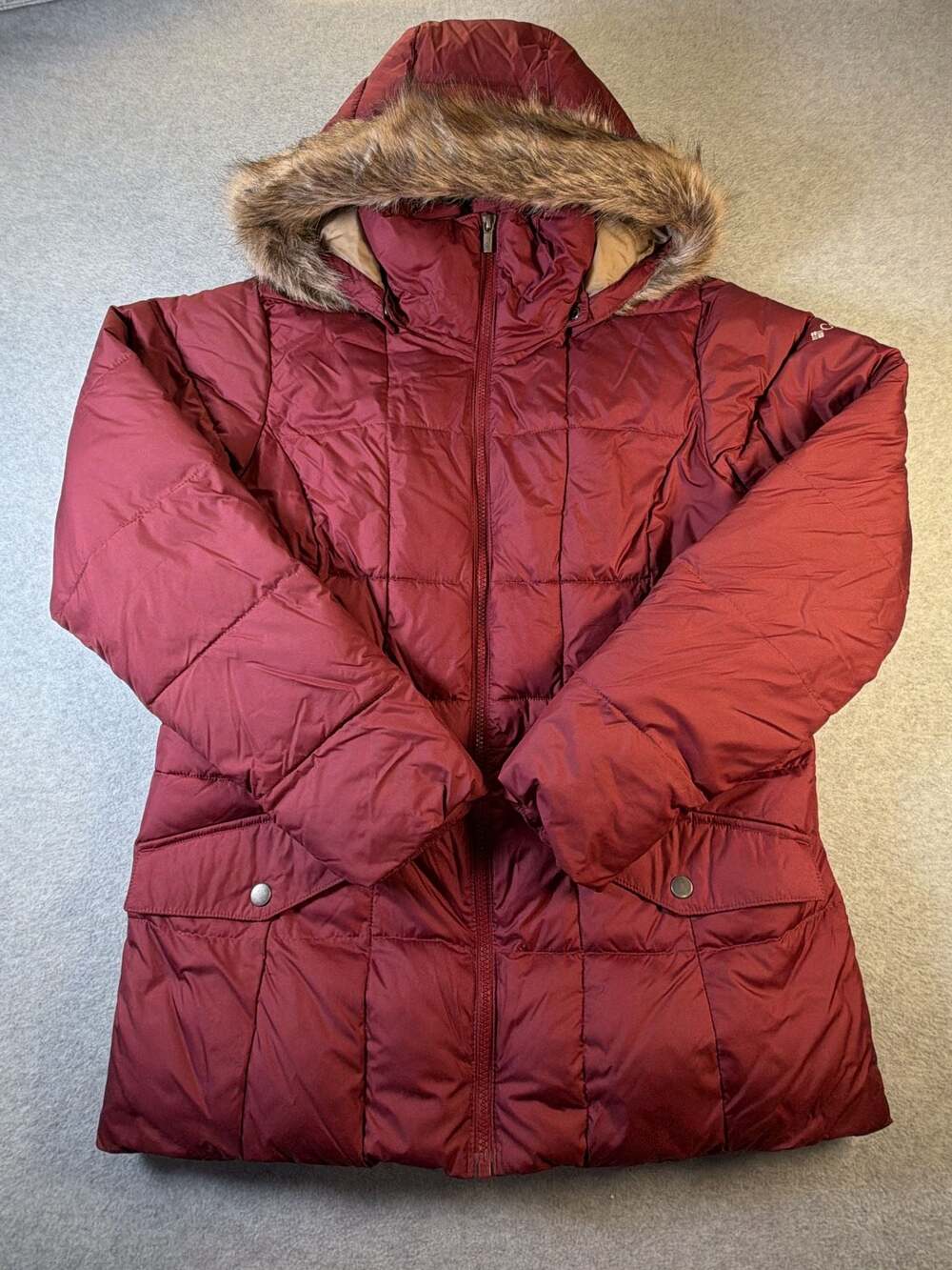 Columbia Peak to Park Mid Insulated Winter Jacket Faux Fur Hood Burgundy sz M - Picture 2 of 9